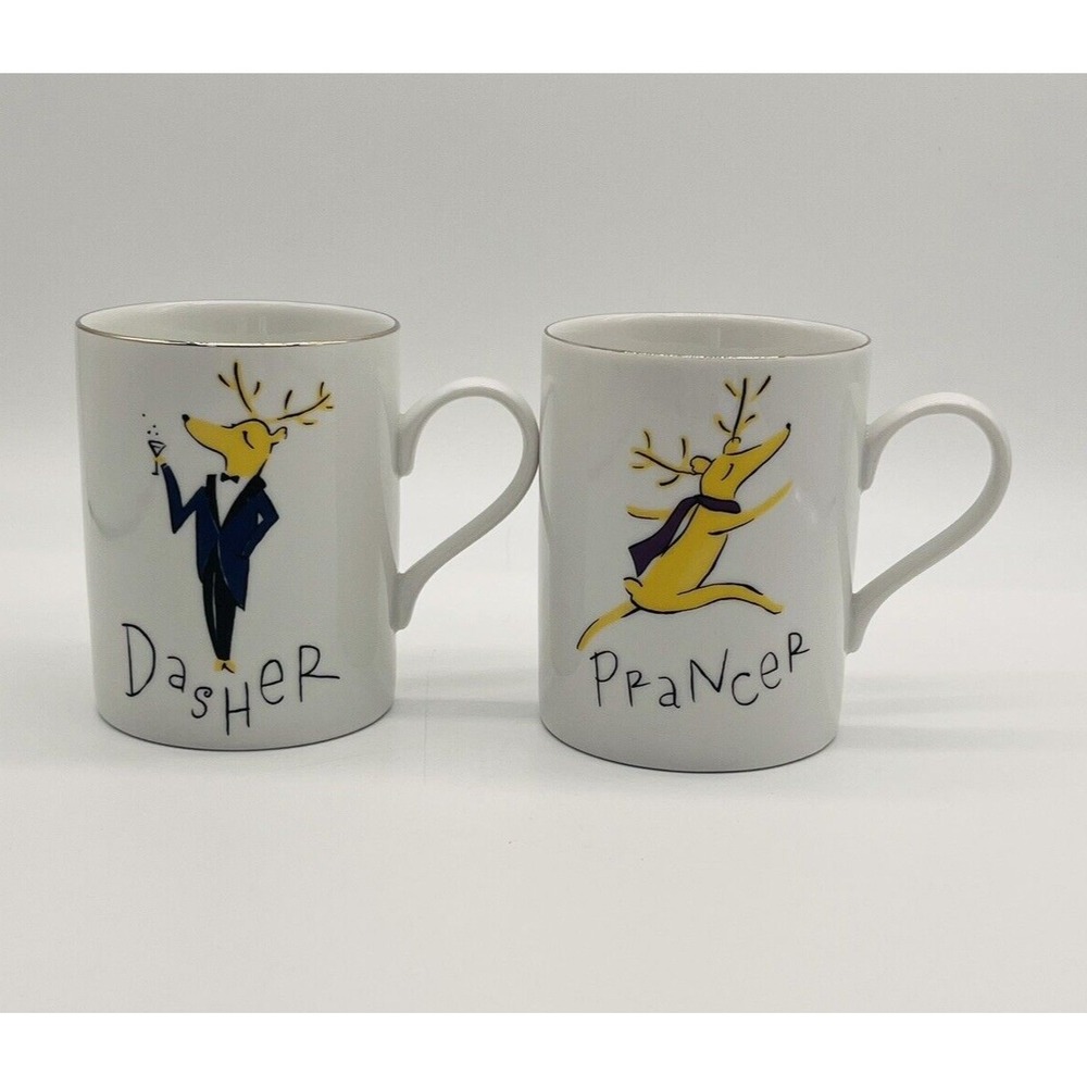 Pottery Barn Reindeer Christmas Mugs‎ Dasher & Prancer Vintage Holiday Cups